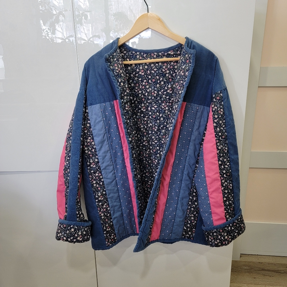 VTG Handmade Reversible Quilted Jacket Patchwork Corduroy Floral Blue Pink XXL - Picture 16 of 17
